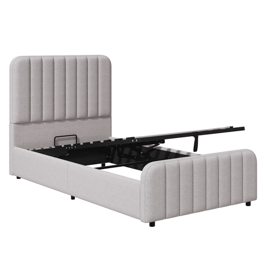Cama individual estofada 90x200 cm - hidráulica, com base de colchão, cabeceira almofadada e muito espaço de arrumação - cinzenta Cama individual estofada 90x200 cm - hidráulica, com base de colchão, cabeceira almofadada e muito espaço de arrumação - cinzenta