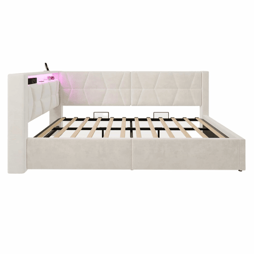 Cama estofada 90x200 cm u2013 com arrumação hidráulica, LED, USB e Type-C, base incluída u2013 Bege Cama estofada 90x200 cm u2013 com arrumação hidráulica, LED, USB e Type-C, base incluída u2013 Bege
