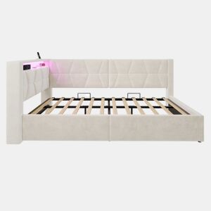 Cama estofada 90x200 cm u2013 com arrumação hidráulica, LED, USB e Type-C, base incluída u2013 Bege