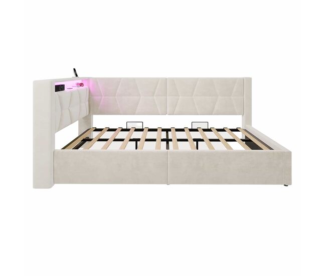 Cama tapizada 90x200 cm - con almacenaje hidráulico, led, usb y type-c, somier incluido - beige