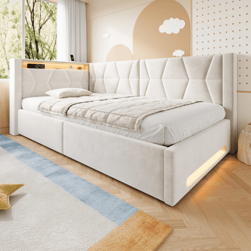 Cama estofada 90x200 cm u2013 com arrumação hidráulica, LED, USB e Type-C, base incluída u2013 Bege Cama estofada 90x200 cm u2013 com arrumação hidráulica, LED, USB e Type-C, base incluída u2013 Bege