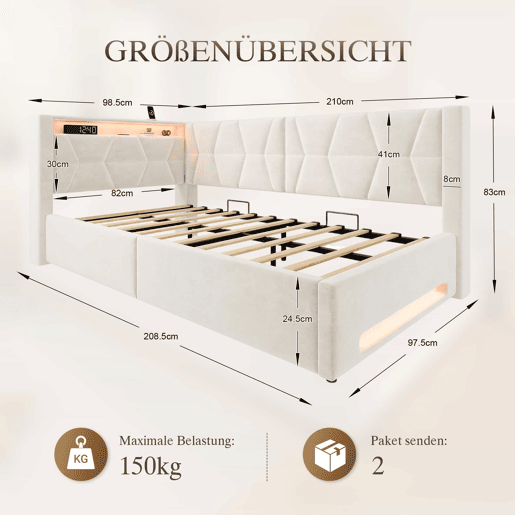 Cama estofada 90x200 cm u2013 com arrumação hidráulica, LED, USB e Type-C, base incluída u2013 Bege Cama estofada 90x200 cm u2013 com arrumação hidráulica, LED, USB e Type-C, base incluída u2013 Bege