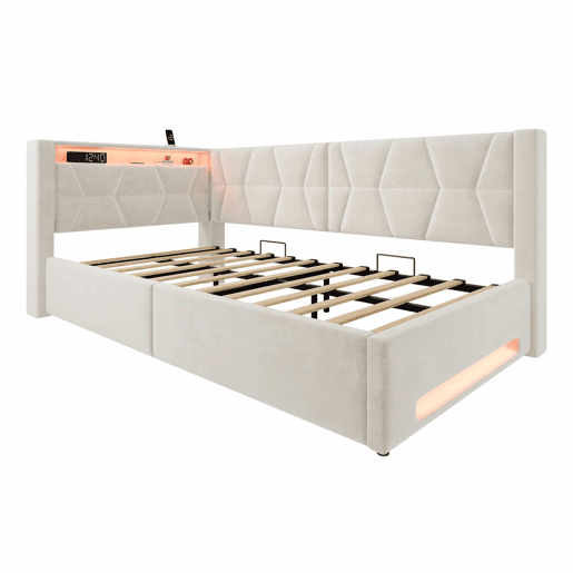 Cama estofada 90x200 cm u2013 com arrumação hidráulica, LED, USB e Type-C, base incluída u2013 Bege Cama estofada 90x200 cm u2013 com arrumação hidráulica, LED, USB e Type-C, base incluída u2013 Bege