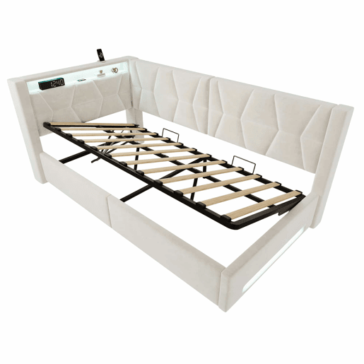 Cama estofada 90x200 cm u2013 com arrumação hidráulica, LED, USB e Type-C, base incluída u2013 Bege Cama estofada 90x200 cm u2013 com arrumação hidráulica, LED, USB e Type-C, base incluída u2013 Bege