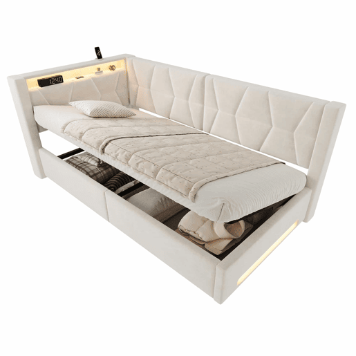 Cama estofada 90x200 cm u2013 com arrumação hidráulica, LED, USB e Type-C, base incluída u2013 Bege Cama estofada 90x200 cm u2013 com arrumação hidráulica, LED, USB e Type-C, base incluída u2013 Bege