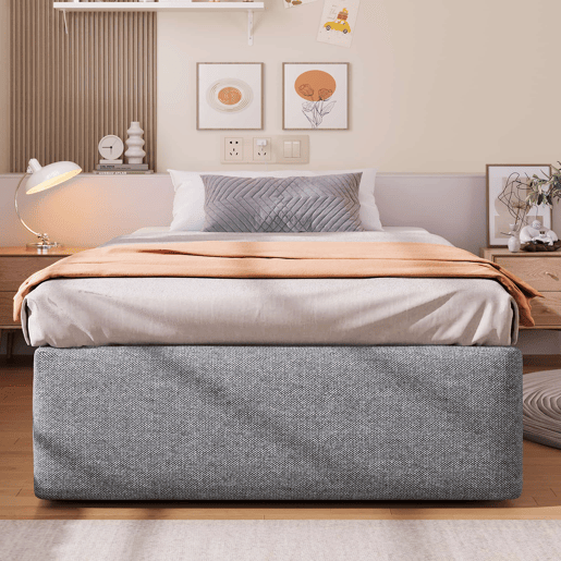 Cama estofada 90x200 cm - Plataforma com arrumação hidráulica e gaveta, sem cabeceira, sem colchão - Cinzento Cama estofada 90x200 cm - Plataforma com arrumação hidráulica e gaveta, sem cabeceira, sem colchão - Cinzento