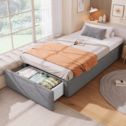 Cama estofada 90x200 cm - Plataforma com arrumação hidráulica e gaveta, sem cabeceira, sem colchão - Cinzento Cama estofada 90x200 cm - Plataforma com arrumação hidráulica e gaveta, sem cabeceira, sem colchão - Cinzento