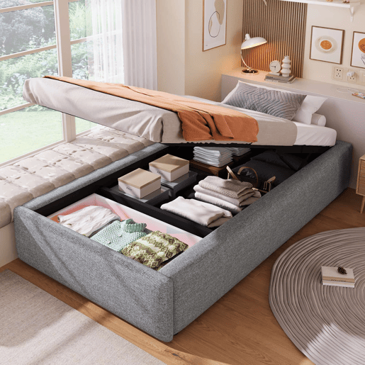 Cama estofada 90x200 cm - Plataforma com arrumação hidráulica e gaveta, sem cabeceira, sem colchão - Cinzento Cama estofada 90x200 cm - Plataforma com arrumação hidráulica e gaveta, sem cabeceira, sem colchão - Cinzento