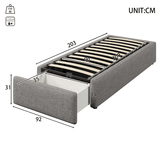Cama estofada 90x200 cm - Plataforma com arrumação hidráulica e gaveta, sem cabeceira, sem colchão - Cinzento Cama estofada 90x200 cm - Plataforma com arrumação hidráulica e gaveta, sem cabeceira, sem colchão - Cinzento