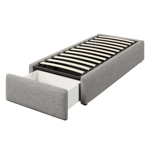 Cama estofada 90x200 cm - Plataforma com arrumação hidráulica e gaveta, sem cabeceira, sem colchão - Cinzento Cama estofada 90x200 cm - Plataforma com arrumação hidráulica e gaveta, sem cabeceira, sem colchão - Cinzento