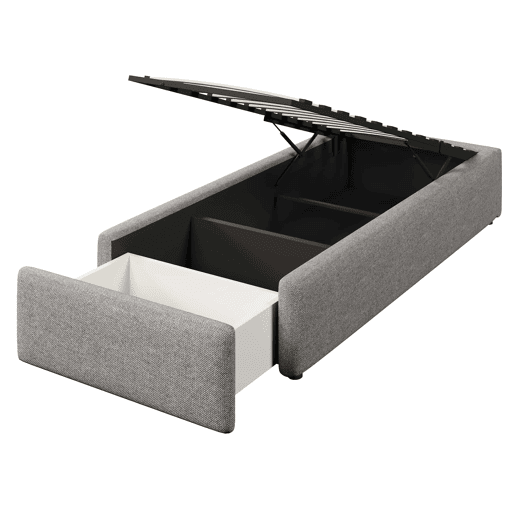 Cama estofada 90x200 cm - Plataforma com arrumação hidráulica e gaveta, sem cabeceira, sem colchão - Cinzento Cama estofada 90x200 cm - Plataforma com arrumação hidráulica e gaveta, sem cabeceira, sem colchão - Cinzento
