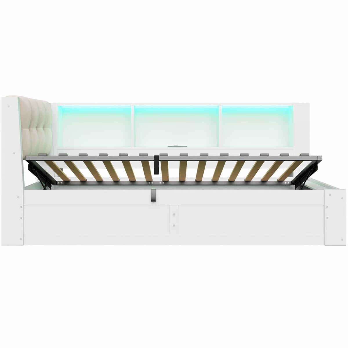 Cama nido 90x200 cm - con almacenamiento hidráulico, led regulable, estante y usb - blanco