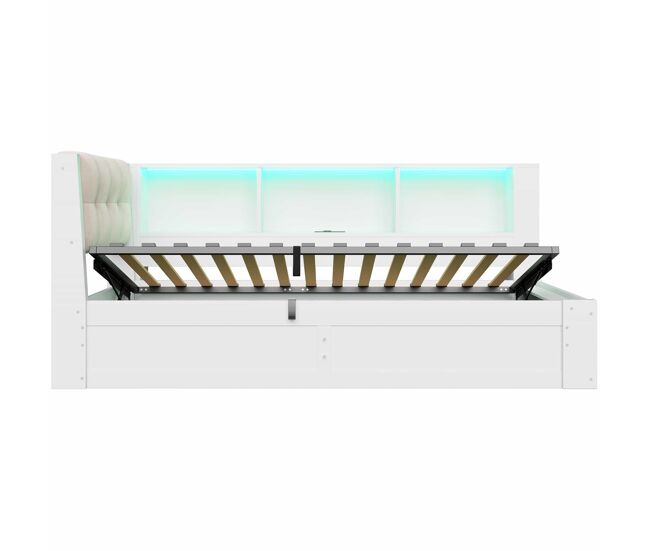 Cama nido 90x200 cm - con almacenamiento hidráulico, led regulable, estante y usb - blanco