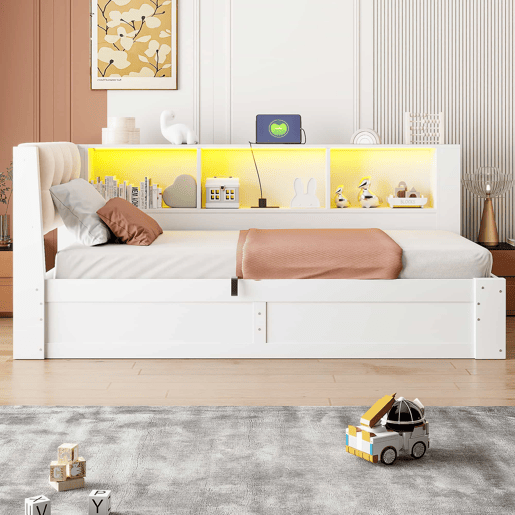 Cama embutida 90x200 cm - com arrumação hidráulica, luz LED regulável, prateleira e porta USB - Branco Cama embutida 90x200 cm - com arrumação hidráulica, luz LED regulável, prateleira e porta USB - Branco