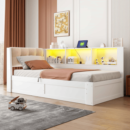 Cama embutida 90x200 cm - com arrumação hidráulica, luz LED regulável, prateleira e porta USB - Branco Cama embutida 90x200 cm - com arrumação hidráulica, luz LED regulável, prateleira e porta USB - Branco