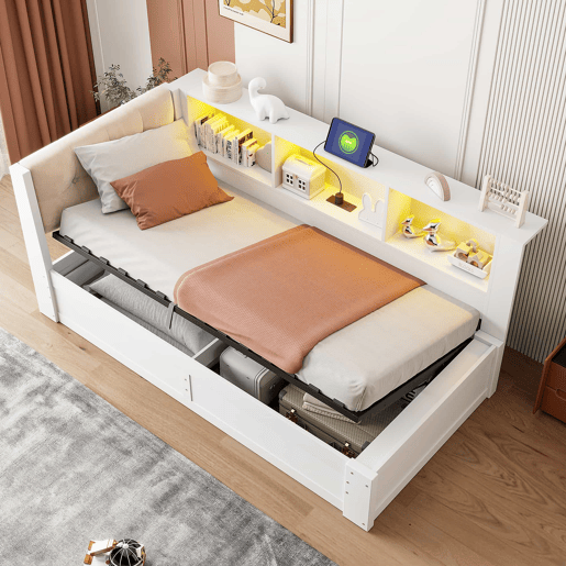 Cama embutida 90x200 cm - com arrumação hidráulica, luz LED regulável, prateleira e porta USB - Branco Cama embutida 90x200 cm - com arrumação hidráulica, luz LED regulável, prateleira e porta USB - Branco