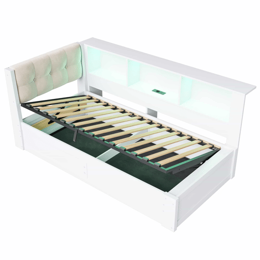 Cama embutida 90x200 cm - com arrumação hidráulica, luz LED regulável, prateleira e porta USB - Branco Cama embutida 90x200 cm - com arrumação hidráulica, luz LED regulável, prateleira e porta USB - Branco