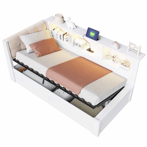 Cama embutida 90x200 cm - com arrumação hidráulica, luz LED regulável, prateleira e porta USB - Branco Cama embutida 90x200 cm - com arrumação hidráulica, luz LED regulável, prateleira e porta USB - Branco