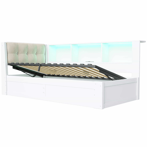 Cama embutida 90x200 cm - com arrumação hidráulica, luz LED regulável, prateleira e porta USB - Branco Cama embutida 90x200 cm - com arrumação hidráulica, luz LED regulável, prateleira e porta USB - Branco