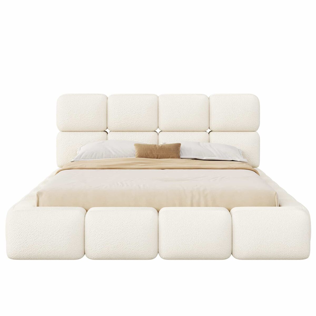 Cama tapizada 160x200 cm - hidráulica con almacenaje, diseño nube bubble, cabecero acolchado y somier - blanco bouclé