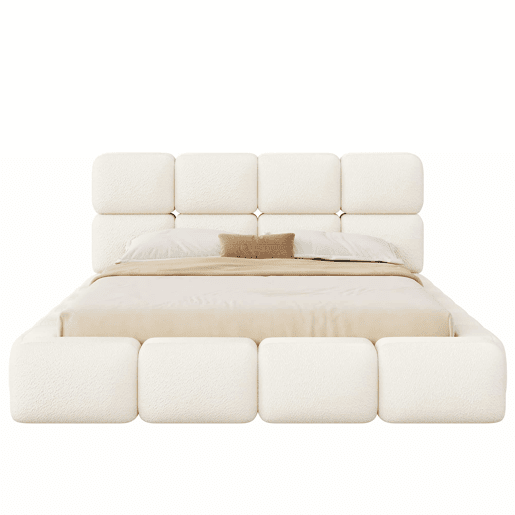 Cama estofada 160x200 cm - hidráulica com espaço de arrumação, design «Bubble», cabeceira almofadada e base - branco Bouclé Cama estofada 160x200 cm - hidráulica com espaço de arrumação, design «Bubble», cabeceira almofadada e base - branco Bouclé
