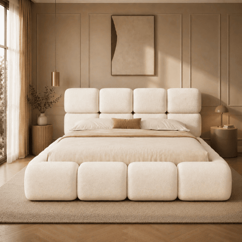 Cama estofada 160x200 cm - hidráulica com espaço de arrumação, design «Bubble», cabeceira almofadada e base - branco Bouclé Cama estofada 160x200 cm - hidráulica com espaço de arrumação, design «Bubble», cabeceira almofadada e base - branco Bouclé