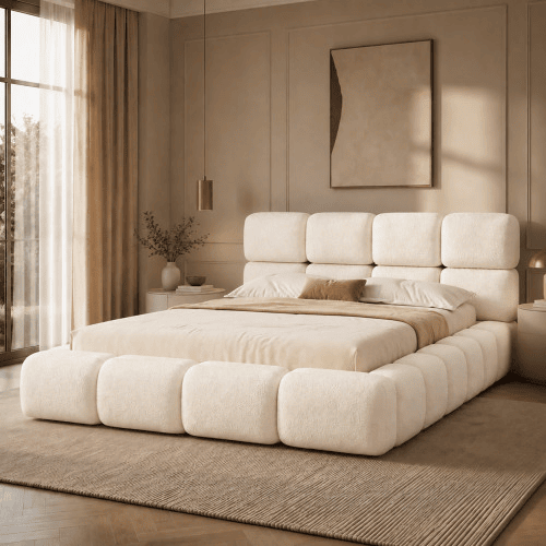 Cama estofada 160x200 cm - hidráulica com espaço de arrumação, design «Bubble», cabeceira almofadada e base - branco Bouclé Cama estofada 160x200 cm - hidráulica com espaço de arrumação, design «Bubble», cabeceira almofadada e base - branco Bouclé