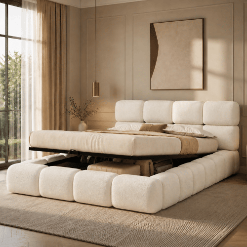 Cama estofada 160x200 cm - hidráulica com espaço de arrumação, design «Bubble», cabeceira almofadada e base - branco Bouclé Cama estofada 160x200 cm - hidráulica com espaço de arrumação, design «Bubble», cabeceira almofadada e base - branco Bouclé