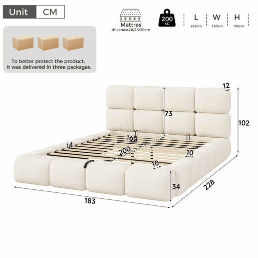 Cama estofada 160x200 cm - hidráulica com espaço de arrumação, design «Bubble», cabeceira almofadada e base - branco Bouclé Cama estofada 160x200 cm - hidráulica com espaço de arrumação, design «Bubble», cabeceira almofadada e base - branco Bouclé