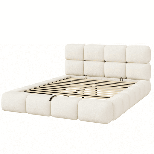 Cama estofada 160x200 cm - hidráulica com espaço de arrumação, design «Bubble», cabeceira almofadada e base - branco Bouclé Cama estofada 160x200 cm - hidráulica com espaço de arrumação, design «Bubble», cabeceira almofadada e base - branco Bouclé