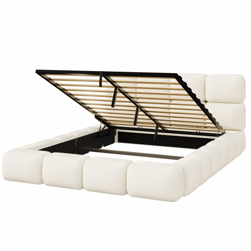 Cama estofada 160x200 cm - hidráulica com espaço de arrumação, design «Bubble», cabeceira almofadada e base - branco Bouclé Cama estofada 160x200 cm - hidráulica com espaço de arrumação, design «Bubble», cabeceira almofadada e base - branco Bouclé