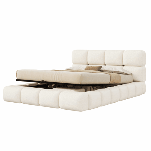 Cama estofada 160x200 cm - hidráulica com espaço de arrumação, design «Bubble», cabeceira almofadada e base - branco Bouclé Cama estofada 160x200 cm - hidráulica com espaço de arrumação, design «Bubble», cabeceira almofadada e base - branco Bouclé