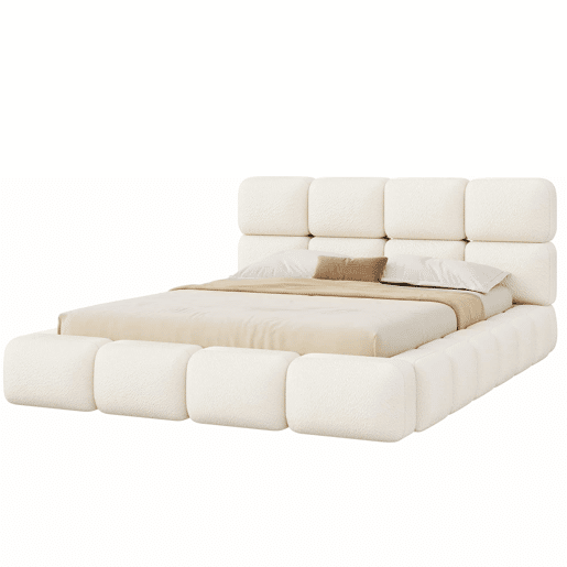 Cama estofada 160x200 cm - hidráulica com espaço de arrumação, design «Bubble», cabeceira almofadada e base - branco Bouclé Cama estofada 160x200 cm - hidráulica com espaço de arrumação, design «Bubble», cabeceira almofadada e base - branco Bouclé