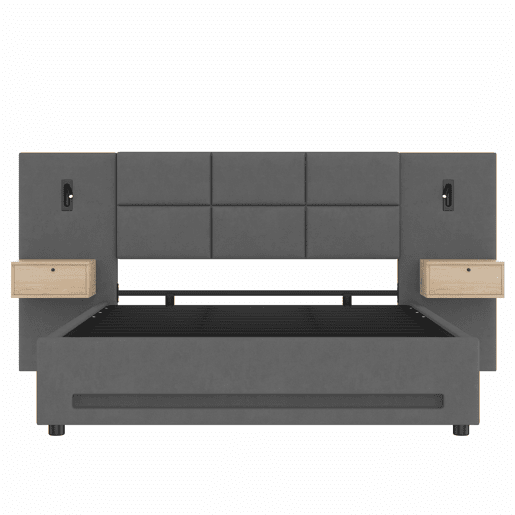 Cama estofada 160x200 cm - Cabeceira em veludo, gavetas de arrumação, luz LED, USB-C e base hidráulica - Cinza escuro