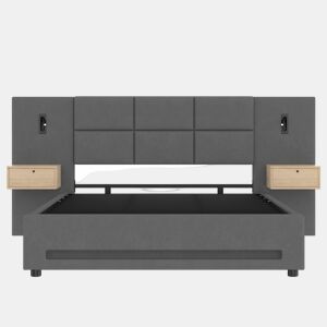 Cama estofada 160x200 cm - Cabeceira em veludo, gavetas de arrumação, luz LED, USB-C e base hidráulica - Cinza escuro
