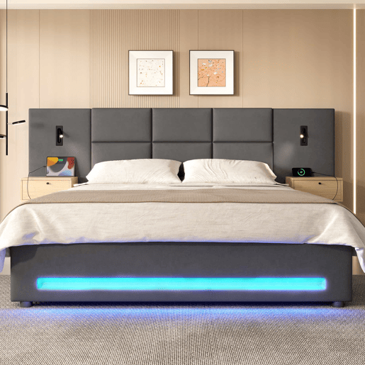 Cama estofada 160x200 cm - Cabeceira em veludo, gavetas de arrumação, luz LED, USB-C e base hidráulica - Cinza escuro
