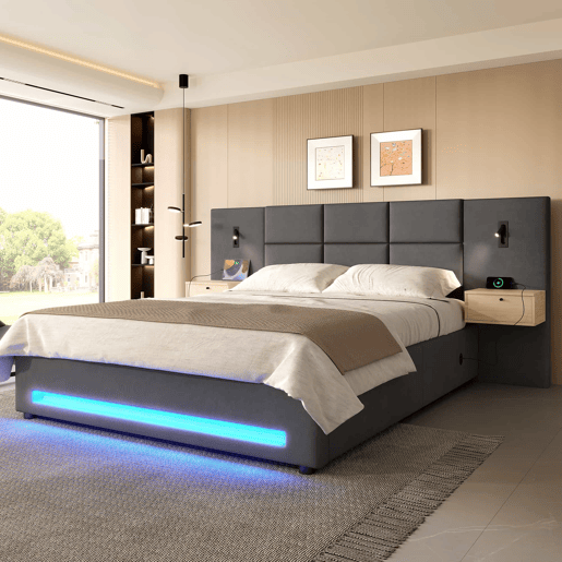Cama estofada 160x200 cm - Cabeceira em veludo, gavetas de arrumação, luz LED, USB-C e base hidráulica - Cinza escuro