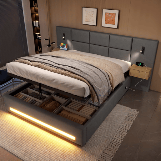 Cama estofada 160x200 cm - Cabeceira em veludo, gavetas de arrumação, luz LED, USB-C e base hidráulica - Cinza escuro