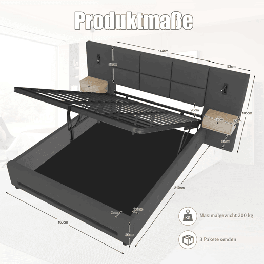 Cama estofada 160x200 cm - Cabeceira em veludo, gavetas de arrumação, luz LED, USB-C e base hidráulica - Cinza escuro