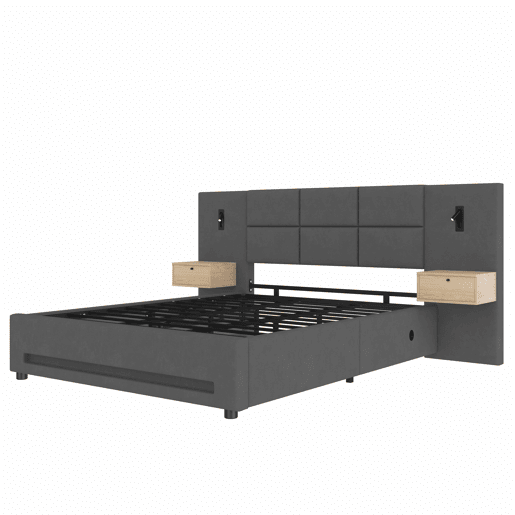 Cama estofada 160x200 cm - Cabeceira em veludo, gavetas de arrumação, luz LED, USB-C e base hidráulica - Cinza escuro