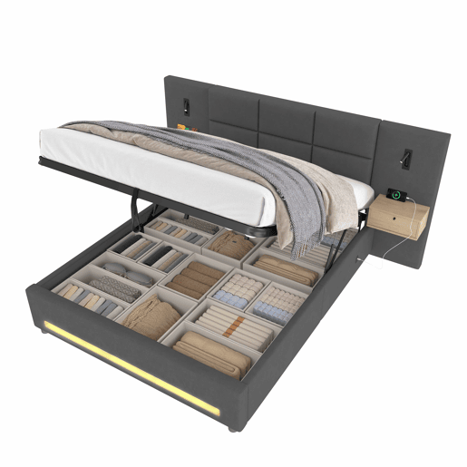 Cama estofada 160x200 cm - Cabeceira em veludo, gavetas de arrumação, luz LED, USB-C e base hidráulica - Cinza escuro