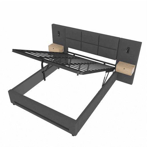 Cama estofada 160x200 cm - Cabeceira em veludo, gavetas de arrumação, luz LED, USB-C e base hidráulica - Cinza escuro