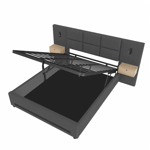 Cama estofada 160x200 cm - Cabeceira em veludo, gavetas de arrumação, luz LED, USB-C e base hidráulica - Cinza escuro