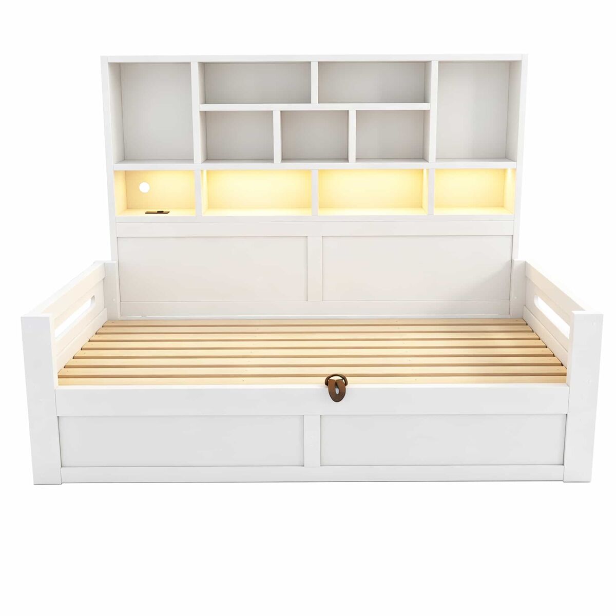 Sofá cama juvenil 90x200 cm - almacenamiento hidráulico, led, enchufes, cama individual multifuncional - blanco