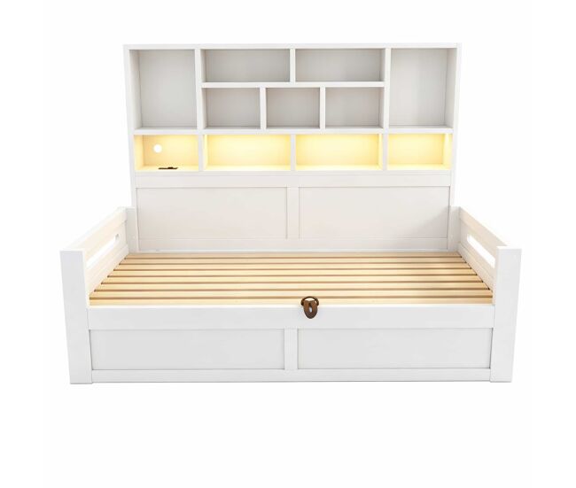Sofá cama juvenil 90x200 cm - almacenamiento hidráulico, led, enchufes, cama individual multifuncional - blanco