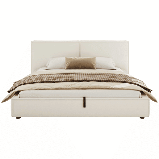 Cama estofada 180x200 cm - de casal com base hidráulica, cabeceira almofadada e estrutura funcional - branco Bouclé Cama estofada 180x200 cm - de casal com base hidráulica, cabeceira almofadada e estrutura funcional - branco Bouclé
