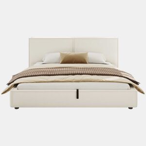 Cama estofada 180x200 cm - de casal com base hidráulica, cabeceira almofadada e estrutura funcional - branco Bouclé