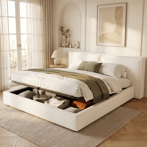 Cama estofada 180x200 cm - de casal com base hidráulica, cabeceira almofadada e estrutura funcional - branco Bouclé Cama estofada 180x200 cm - de casal com base hidráulica, cabeceira almofadada e estrutura funcional - branco Bouclé