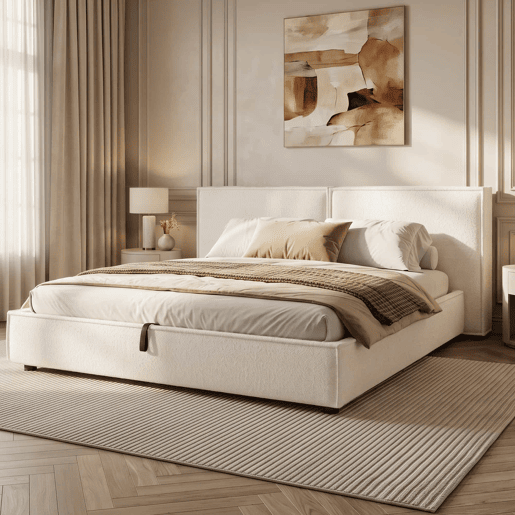 Cama estofada 180x200 cm - de casal com base hidráulica, cabeceira almofadada e estrutura funcional - branco Bouclé Cama estofada 180x200 cm - de casal com base hidráulica, cabeceira almofadada e estrutura funcional - branco Bouclé