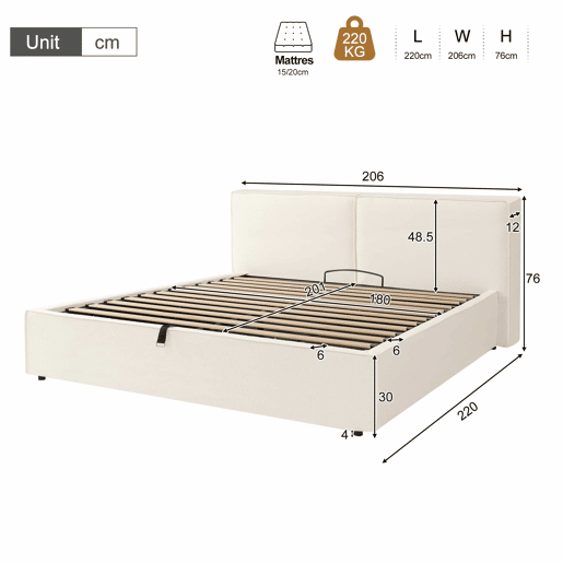 Cama estofada 180x200 cm - de casal com base hidráulica, cabeceira almofadada e estrutura funcional - branco Bouclé Cama estofada 180x200 cm - de casal com base hidráulica, cabeceira almofadada e estrutura funcional - branco Bouclé
